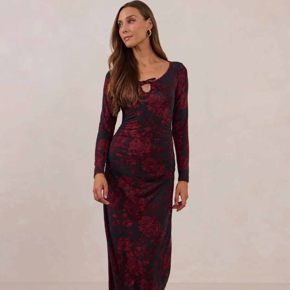 Park & Fifth Burgundy and Black Floral Long Sleeve Maxi Dress